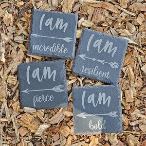 "I AM" Slate Coaster Set of 4 with Stand